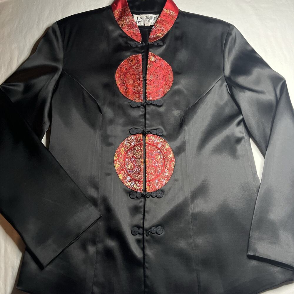 Vintage Ao Li Si Chinese Tang Suit Jacket Black Satin Red Brocade Medium